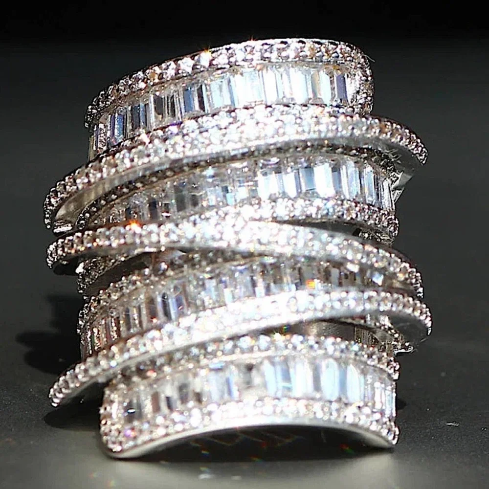 Sterling Silver Baguette Cubic Zircon Multilayer Cross Over Statement Ring